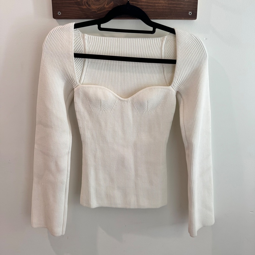 Pixie Market White Ribbed Sweetheart Neck Long Sleeve Knit Top Small